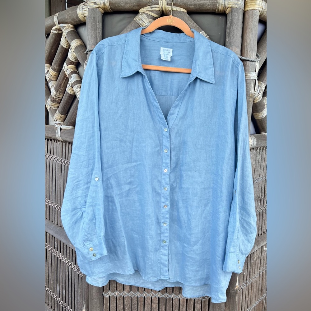 Sigrid Olsen Baby Blue Oversized Long Sleeve 100% Linen Button-Down Shirt Sz 3X